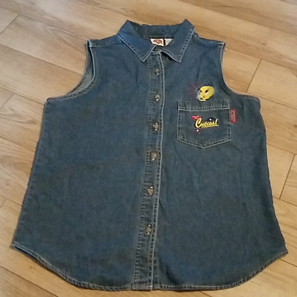 Denim sleeveless top. Looney tunes tweety bird.